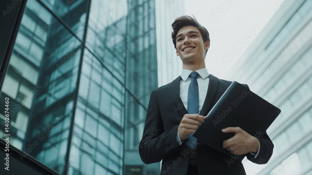 Business professional smiles confidently while holding a portfolio outside modern glass office building in urban area Business professional smiles confidently while holding a portfolio outside modern glass office building in urban area