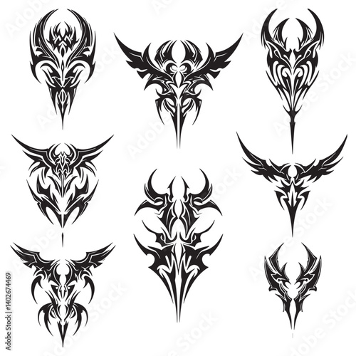 Ornamental tribal tattoo pack featuring bold beast icons vintage wing symmetry abstract Maori patterns and silhouette head shapes for unique artwork
