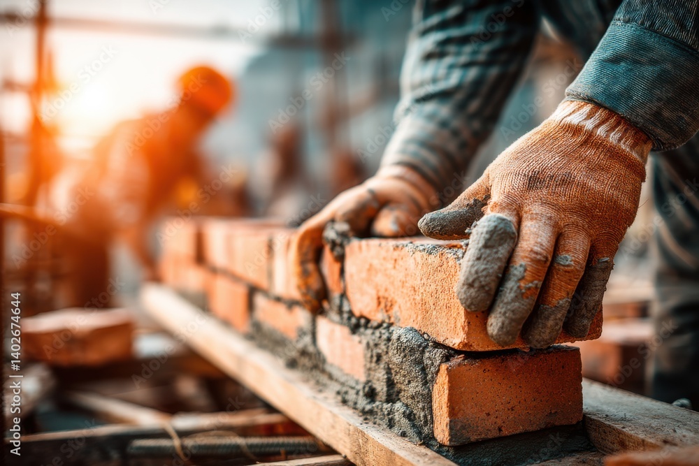 Close-up of a construction worker laying bricks with gloved hands, creating a wall, focusing on precision and detail, with a blurred background featuring another worker. Close-up of a construction worker laying bricks with gloved hands, creating a wall, focusing on precision and detail, with a blurred background featuring another worker.