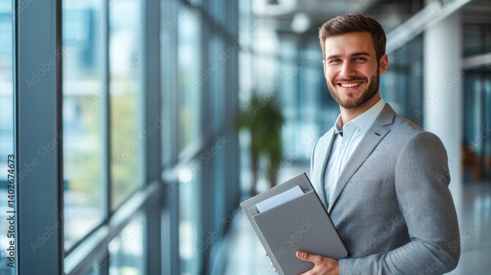 Fototapeta premium Young professional in office setting smiling confidently while holding documents during daytime