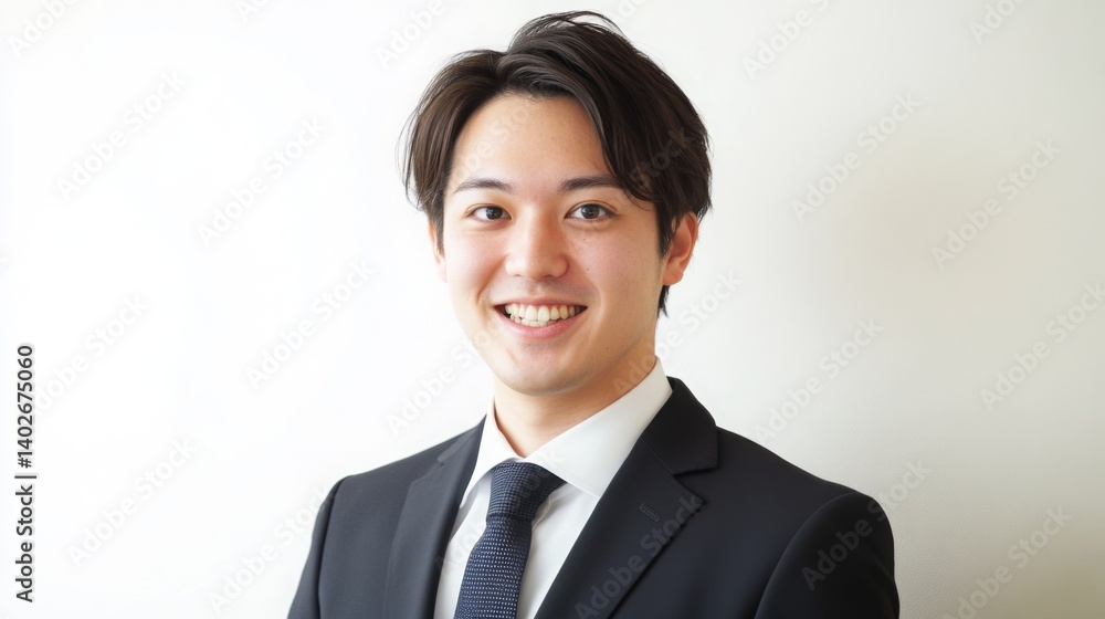 Young professional man in a formal suit smiling in a bright office setting during the day Young professional man in a formal suit smiling in a bright office setting during the day