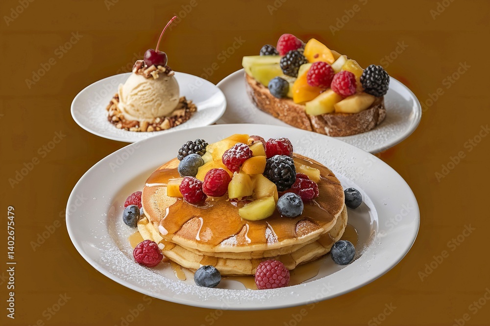 A photo of a white plate with a pancake, bread toast with mixed fruit A photo of a white plate with a pancake, bread toast with mixed fruit