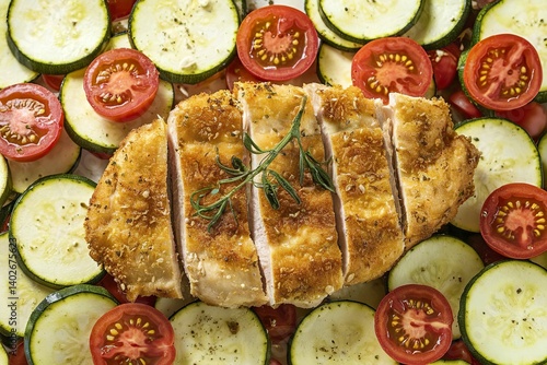 A top view photo of a healthy meal consisting of a chicken cutlet with a zucchini and tomato salad
