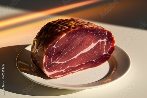 white plate holds a beautifully sliced Traditional Spanish ham