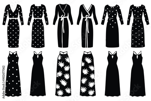 floral maxi line art modern trendy outfit illustration