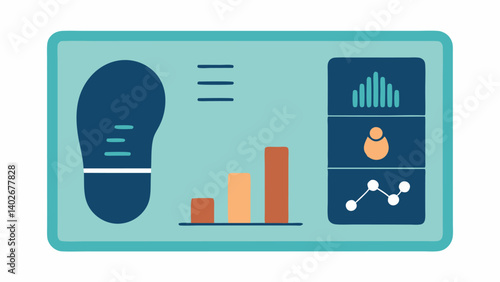 User Interface A digital display panel showing statistics such as step count foot pressure distribution and gait analysis results next to an illustrated shoe.