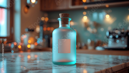 Blue frosted glass bottle with cork and blank label on marble surface, ideal for luxury product packaging, branding, or cosmetic presentations