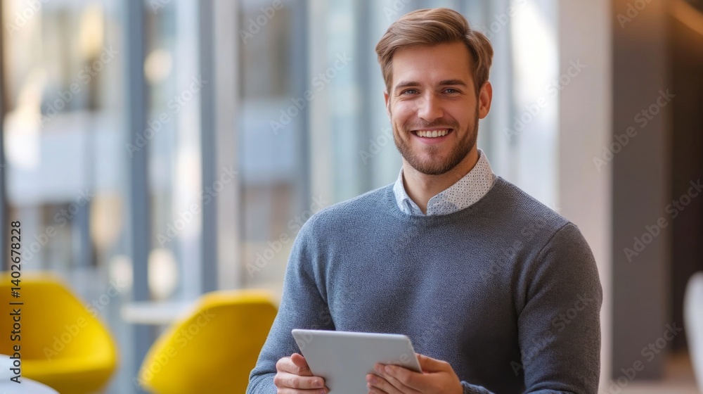 Young man smiles while holding tablet in modern urban workspace during daylight hours Young man smiles while holding tablet in modern urban workspace during daylight hours