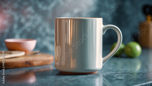 White ceramic mug on a stylish kitchen counter, ideal for coffee branding, drinkware presentations, or lifestyle product mockups in natural lighting