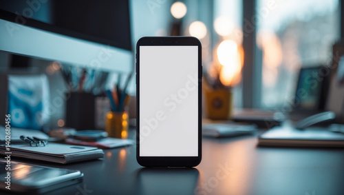 Blank smartphone screen mockup on a modern office desk, perfect for showcasing apps, branding, or UI design in a creative work environment