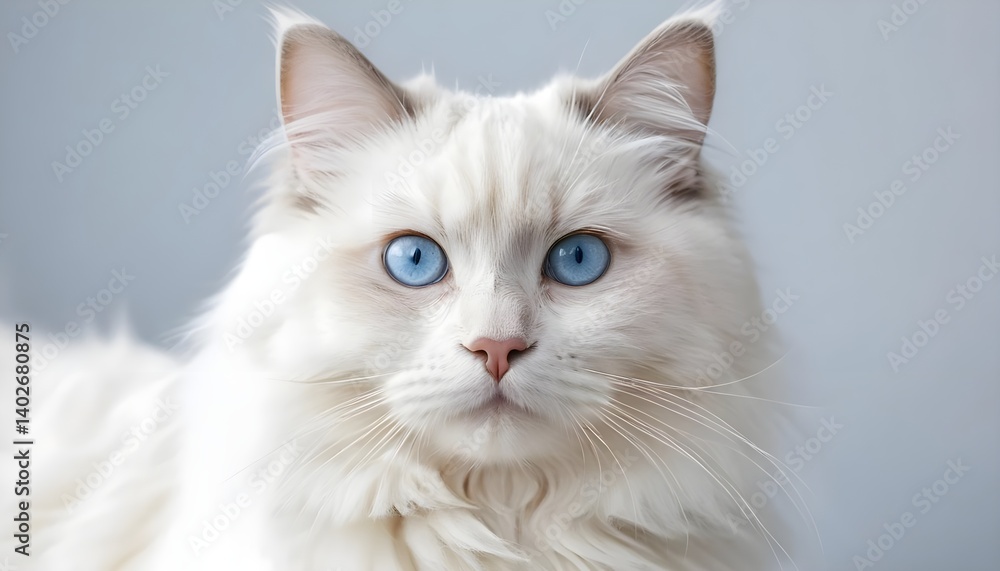 Obraz premium Portrait of a Fluffy White Ragdoll Cat with Blue Eyes