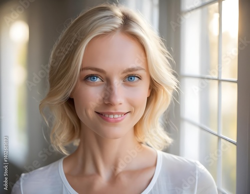 Portrait of a Smiling Woman with Blue Eyes near Window Free Download Portrait of a Smiling Woman with Blue Eyes near Window - GFXLoad