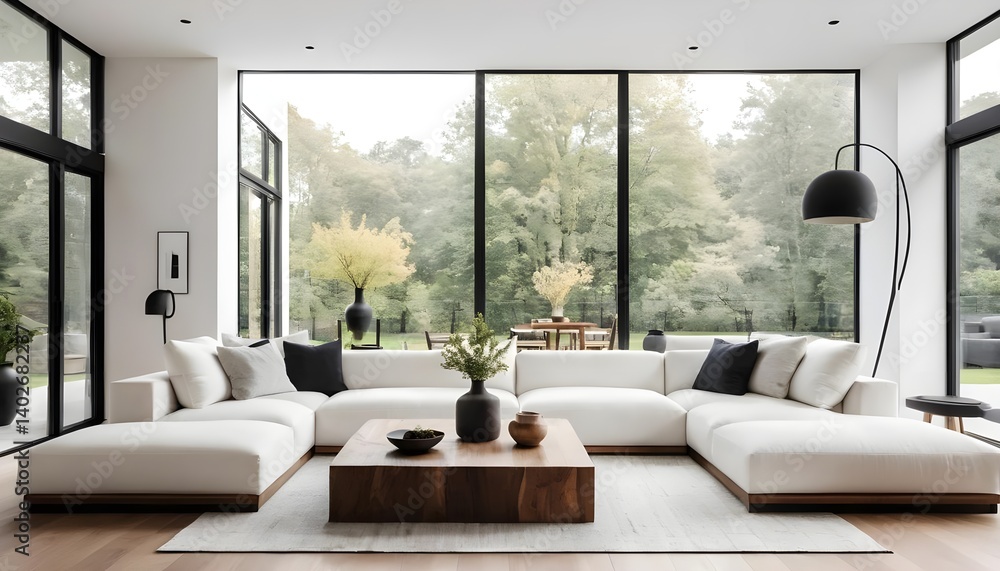 Modern Sectional Sofa in Minimalist Living Room with Large Windows Modern Sectional Sofa in Minimalist Living Room with Large Windows
