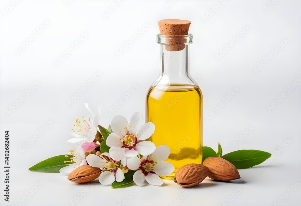 Almond Oil in Glass Bottle with Blossoms and Almonds Almond Oil in Glass Bottle with Blossoms and Almonds