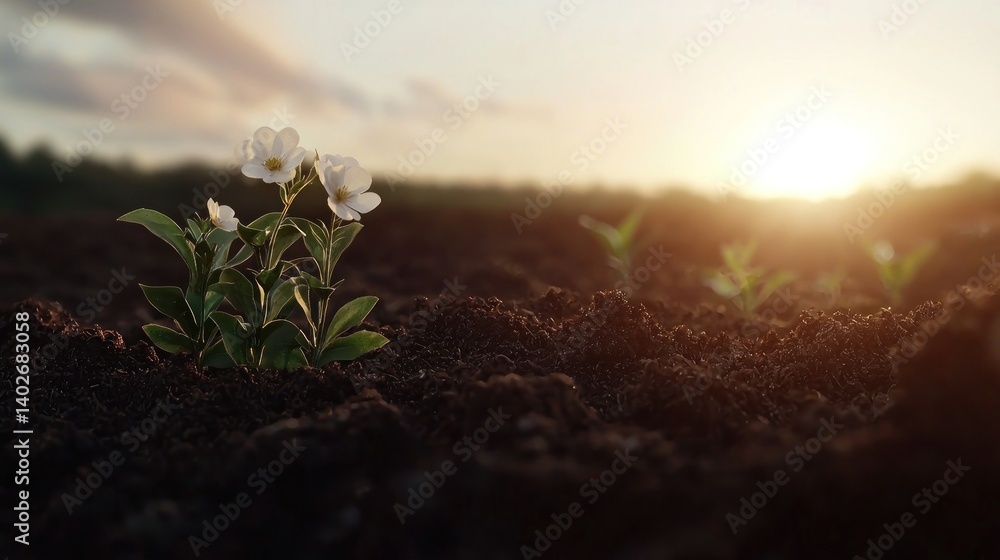 Small white flowers emerge from rich soil at golden sunset. New growth