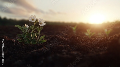 Obraz na płótnie Small white flowers emerge from rich soil at golden sunset. New growth w salonie