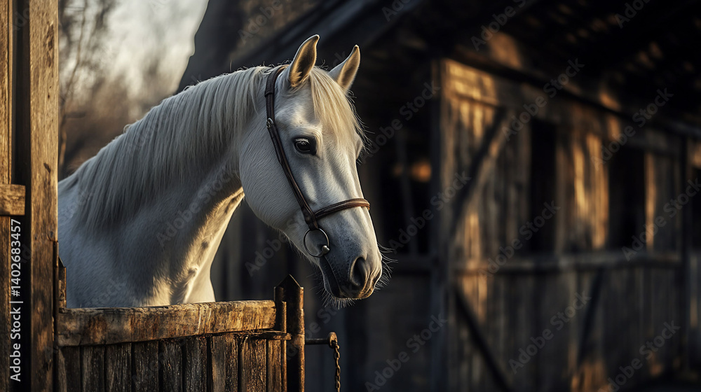 Fototapeta premium Majestic White Horse in Rustic Stable at Golden Hour