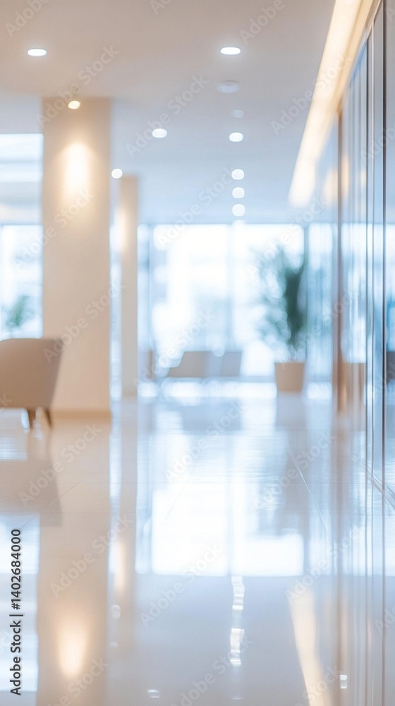 Modern office interior with blurred glass walls, soft lighting, and minimalist design creating a serene and professional workspace atmosphere with clean lines and neutral tones