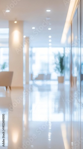 Obraz na płótnie Modern office interior with blurred glass walls, soft lighting, and minimalist design creating a serene and professional workspace atmosphere with clean lines and neutral tones w salonie