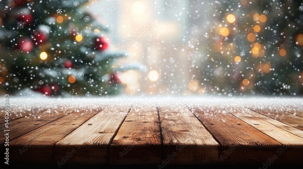Wood Table with Blurred Christmas Tree Background and Snowfall for Product Display and Montage Wood Table with Blurred Christmas Tree Background and Snowfall for Product Display and Montage