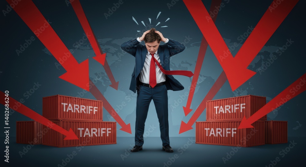 Fototapeta premium Worried Businessman with Tariff Containers and Falling Arrows