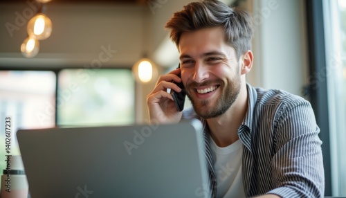 A cheerful young man with a stylish haircut is engaged in a phone conversation, radiating positivity as he works on his laptop. The warm, inviting atmosphere of the café, with soft lighting and large