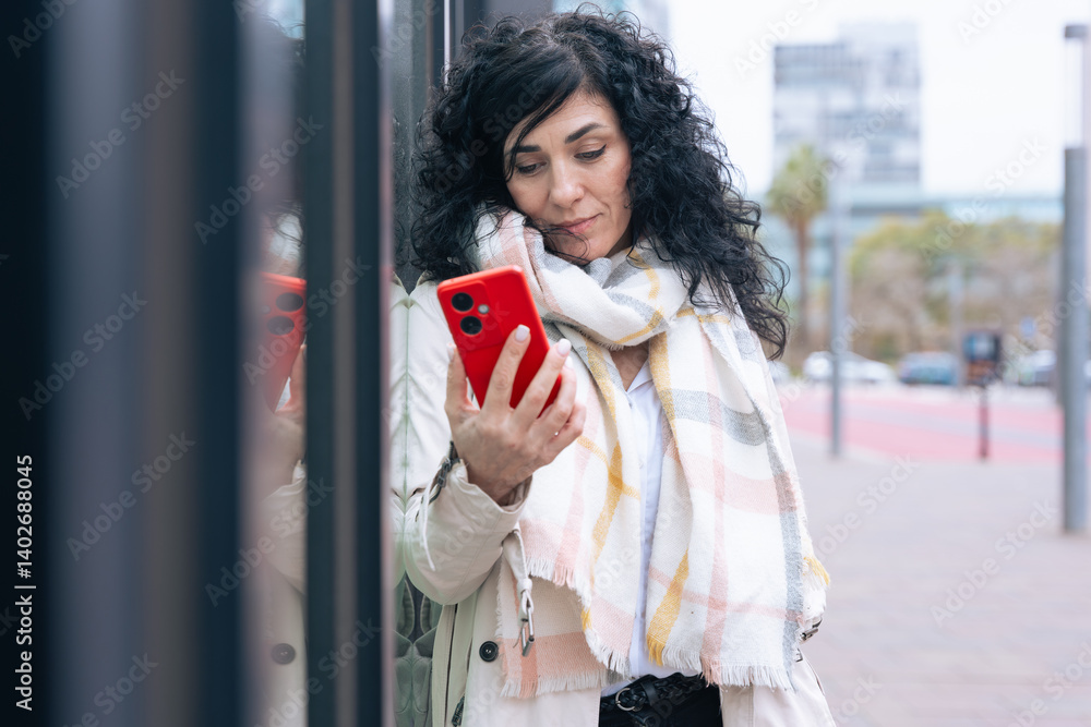 Fototapeta premium Happy caucasian woman standing outdoors in urban setting, wearing coat and scarf, using her red smartphone. She is smiling and relaxed, enjoying a casual moment on a cold day in the city. 