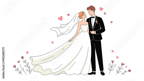 A beautiful hand-drawn whimsical style illustration of a bride and groom on a white background
