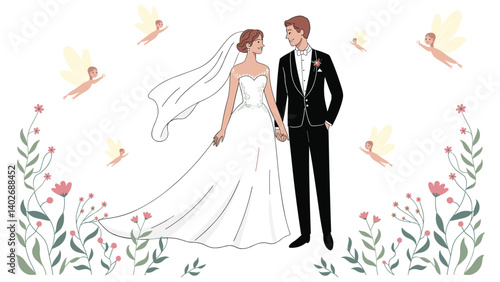 A beautiful hand-drawn whimsical style illustration of a bride and groom, white background