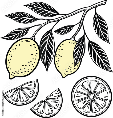 Hand-drawn illustration of lemons on a branch with leaves and sliced segments, symbolizing freshness, nature, and citrus fruits, perfect for food-related designs, recipes, and organic products.