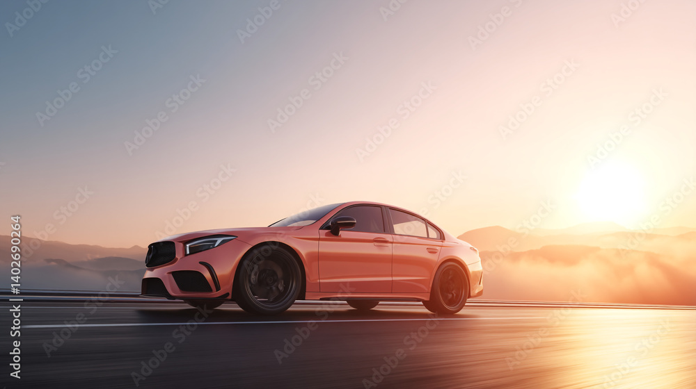 Pink car sunset drive: luxury automobile on road with beautiful sky and horizon background for automotive ads Pink car sunset drive: luxury automobile on road with beautiful sky and horizon background for automotive ads