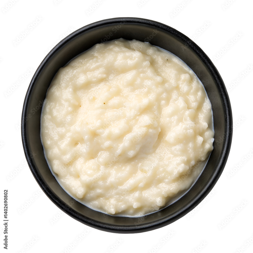 Rice pudding on black bowl isolated on transparent background Rice pudding on black bowl isolated on transparent background