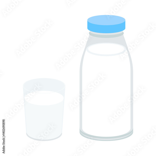 牛乳の入った瓶とガラスコップ。フラットなベクターイラスト。
A bottle of milk and a glass cup.. Flat vector illustration.