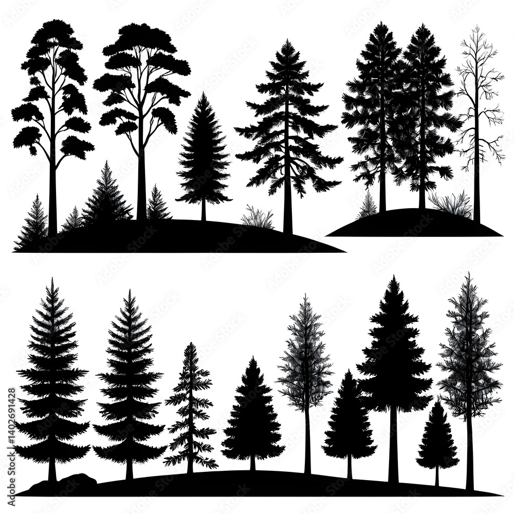 Obraz premium Black Silhouettes of Pine Trees and Evergreens