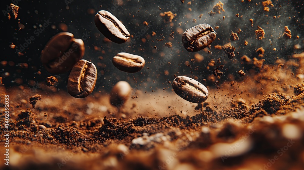 Cinematic hyper realistic capture of floating coffee beans in golden-brown powder burst, with precise depth of field and elegant contrast Cinematic hyper realistic capture of floating coffee beans in golden-brown powder burst, with precise depth of field and elegant contrast