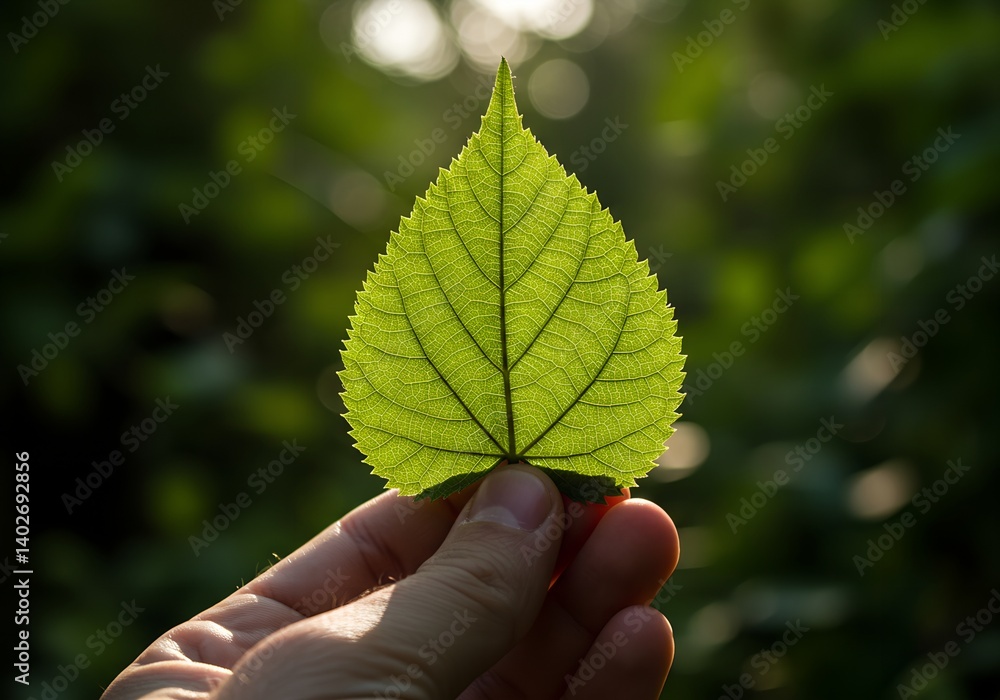 Close-up of hand holding a single leaf with visible veins, natural backlight, blurred plants behind Close-up of hand holding a single leaf with visible veins, natural backlight, blurred plants behind