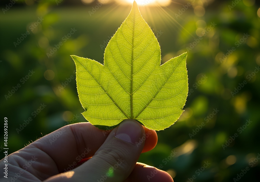 Close-up of hand holding a single leaf with visible veins, natural backlight, blurred plants behind Close-up of hand holding a single leaf with visible veins, natural backlight, blurred plants behind