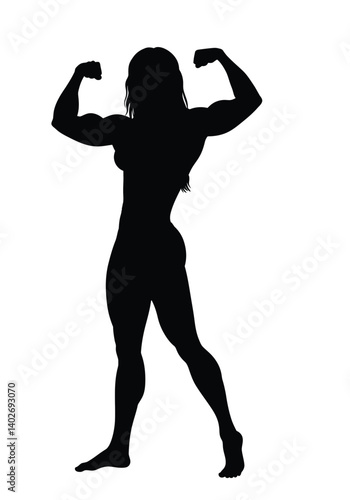 Female bodybuilder silhouette. Female bodybuilder flexing muscles in a powerful pose symbolizing strength and fitness. Vector clipart black illustration design.