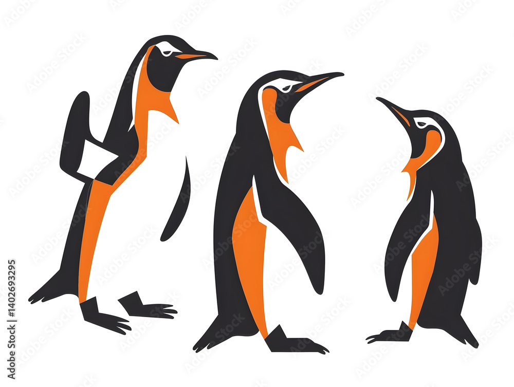 Obraz premium flat vector penguin icons in sitting, sliding, and waving poses, clean outlines with black white and orange color palette, modern animal clipart, isolated on white background