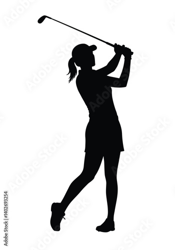 Female golf silhouette. Woman golfer in mid-swing with a club, depicting athleticism and grace. Vector clipart black illustration design.