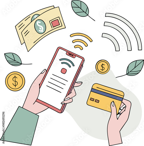  Illustration of digital payment methods with credit card, mobile phone, and wireless transactions, symbolizing modern banking, cashless payments, and financial technology in the digital era.