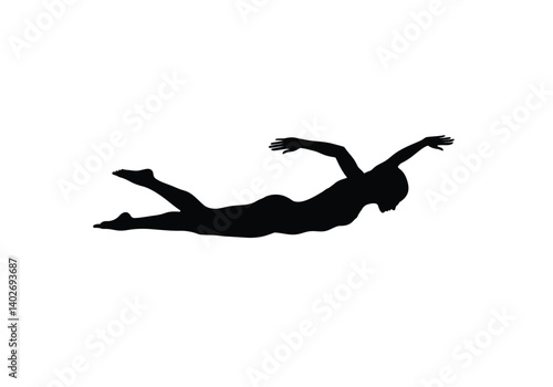 Female swimmer silhouette. A black silhouette of a female swimmer in a freestyle stroke position showcasing motion and athleticism. Vector clipart black illustration design.