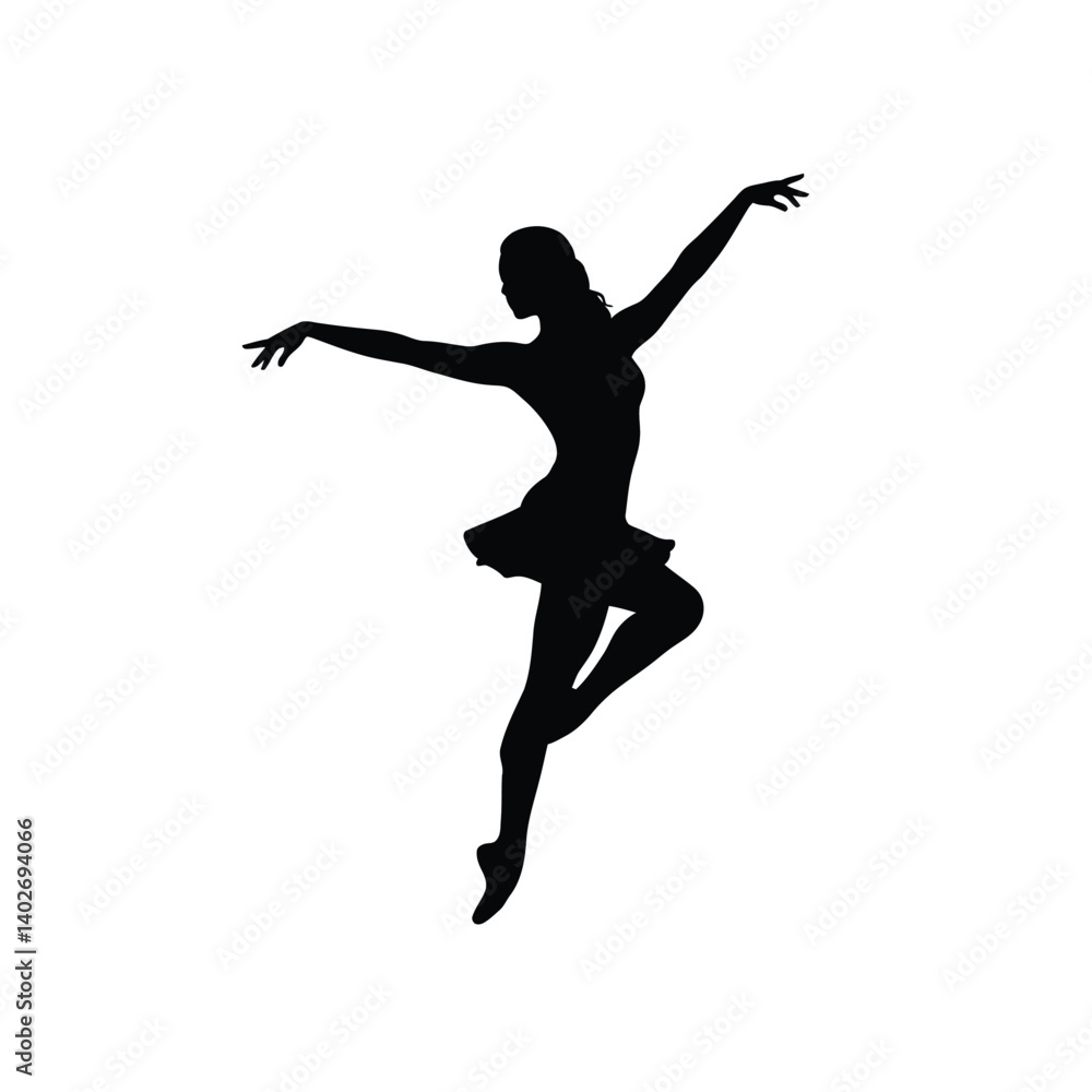 Lady dancing silhouette. A ballerina in an elegant pose with extended arms and raised leg, showcasing grace and artistic motion. Vector clipart black illustration design. Lady dancing silhouette. A ballerina in an elegant pose with extended arms and raised leg, showcasing grace and artistic motion. Vector clipart black illustration design.