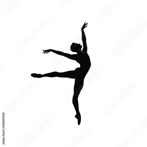 Male ballet dancer silhouette. A male dancer in an elegant pose with arms raised and one leg extended, showcasing flexibility and motion. Vector clipart black illustration design.