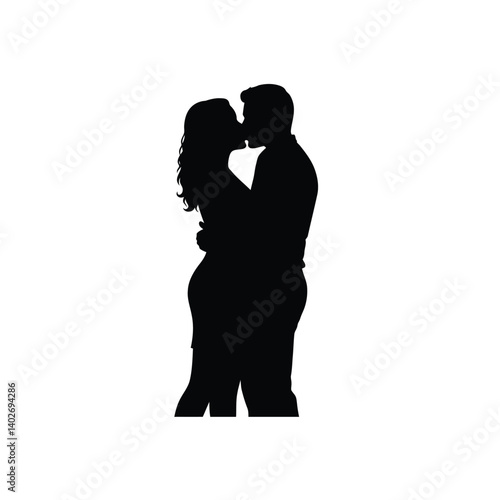 Man and woman kissing silhouette. A romantic black silhouette of a couple sharing an intimate kiss, emphasizing love and unity. Vector clipart black illustration design.