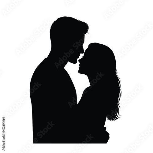 Romantic man and woman silhouette. A couple in an intimate embrace, highlighting love and connection. Vector clipart black illustration design.