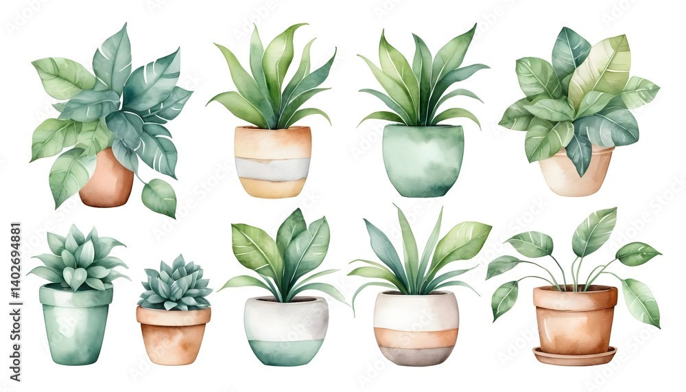 Fototapeta premium Watercolor Collection of Houseplants in Pots