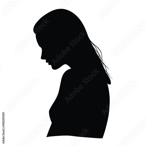Silhouette of a woman crying. The image shows a side profile of a woman with her head bowed, symbolizing grief and emotion. Vector clipart black illustration design.