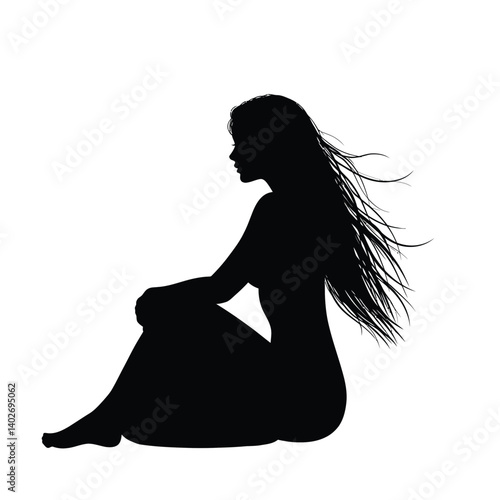 Silhouette of a woman sitting. The image shows a black silhouette of a woman sitting with long hair flowing, creating an elegant and serene pose. Vector clipart black illustration design.