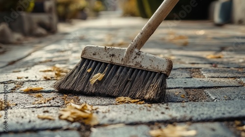 Wallpaper Mural A broom sweeping fallen leaves off a cobblestone path. The scene captures the essence of outdoor maintenance and cleanliness, with a focus on the broom and the debris. Torontodigital.ca